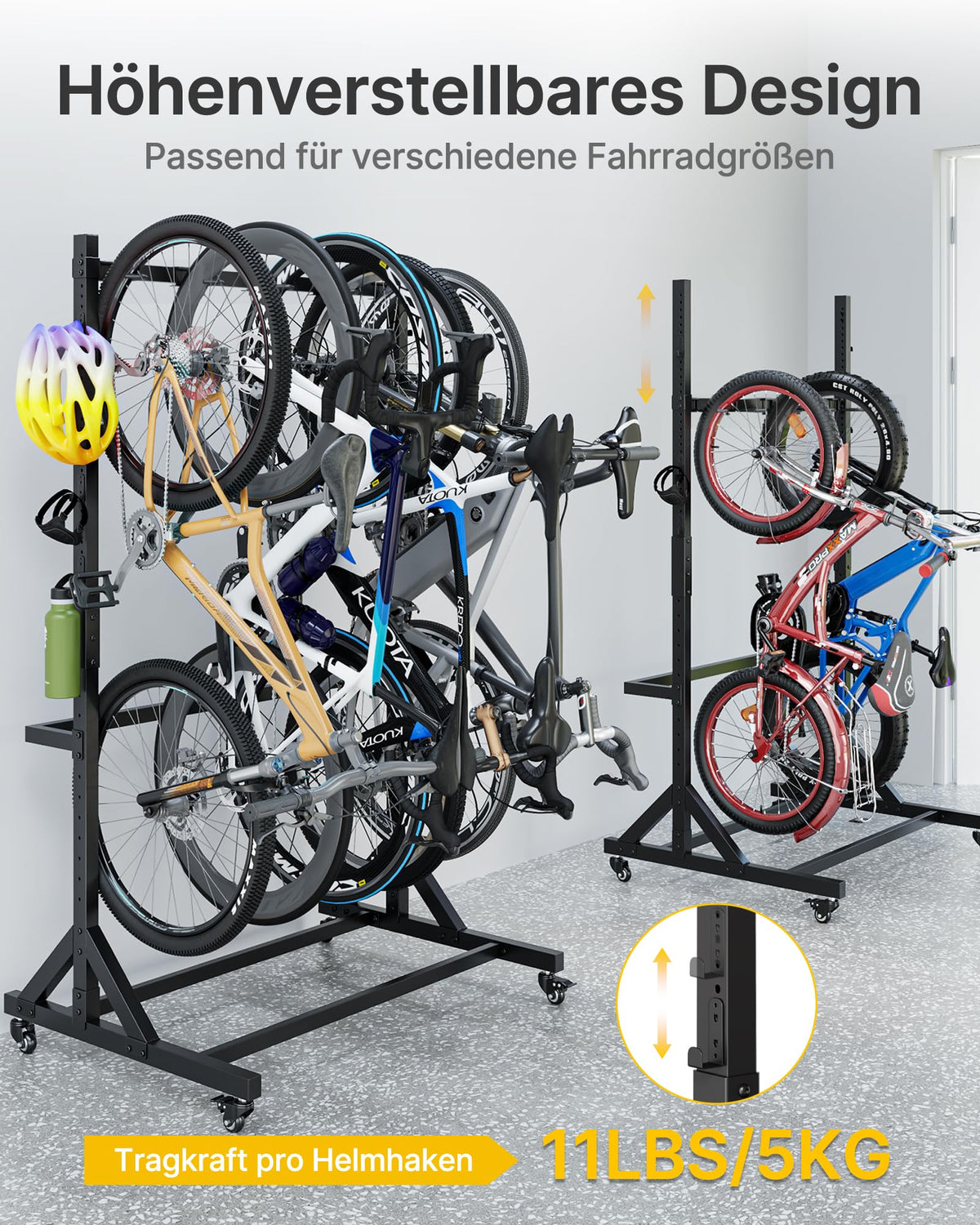 Freistehender Fahrradständer für 5 Fahrräder, Schwerlast bis 160 kg, höhenverstellbar mit Rollen