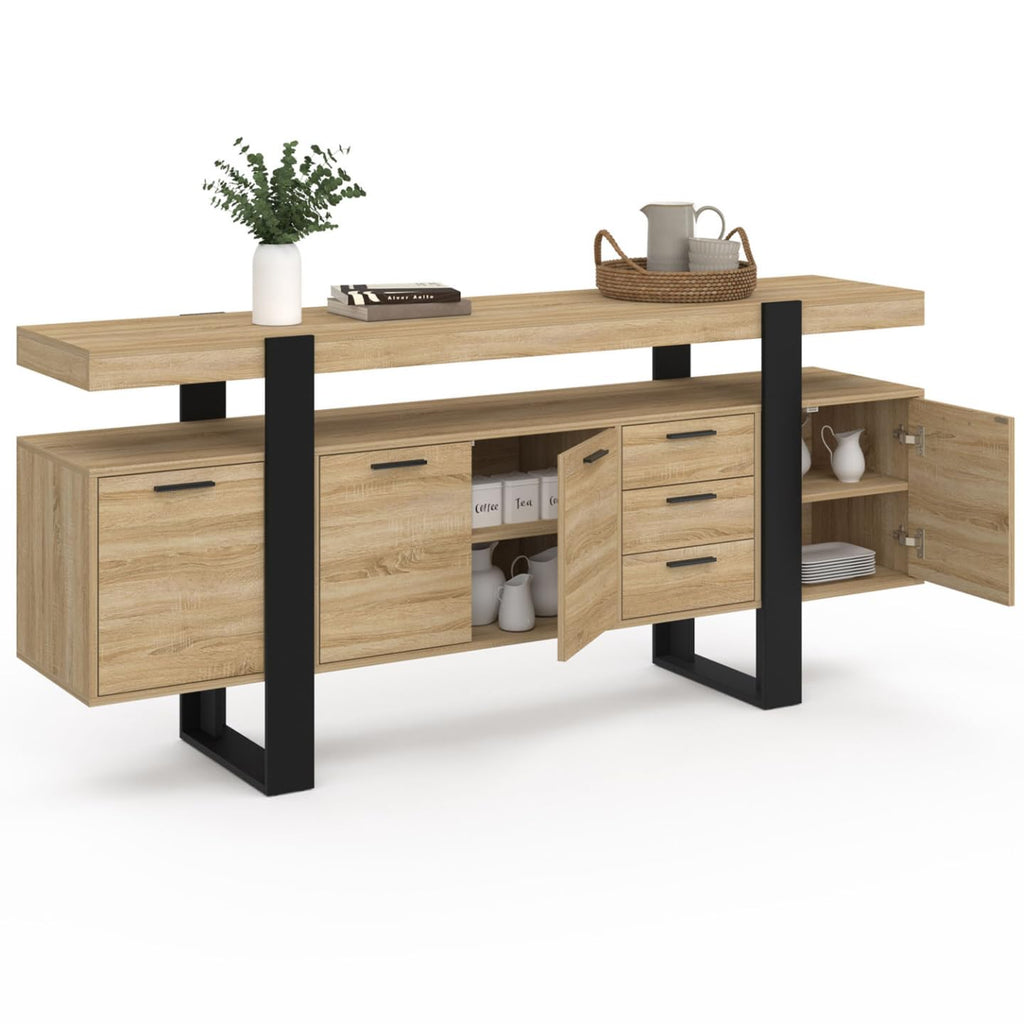 Buffet Phoenix XXL 180 cm avec 4 portes 3 tiroirs et étagères réglables en bois et noir style industriel