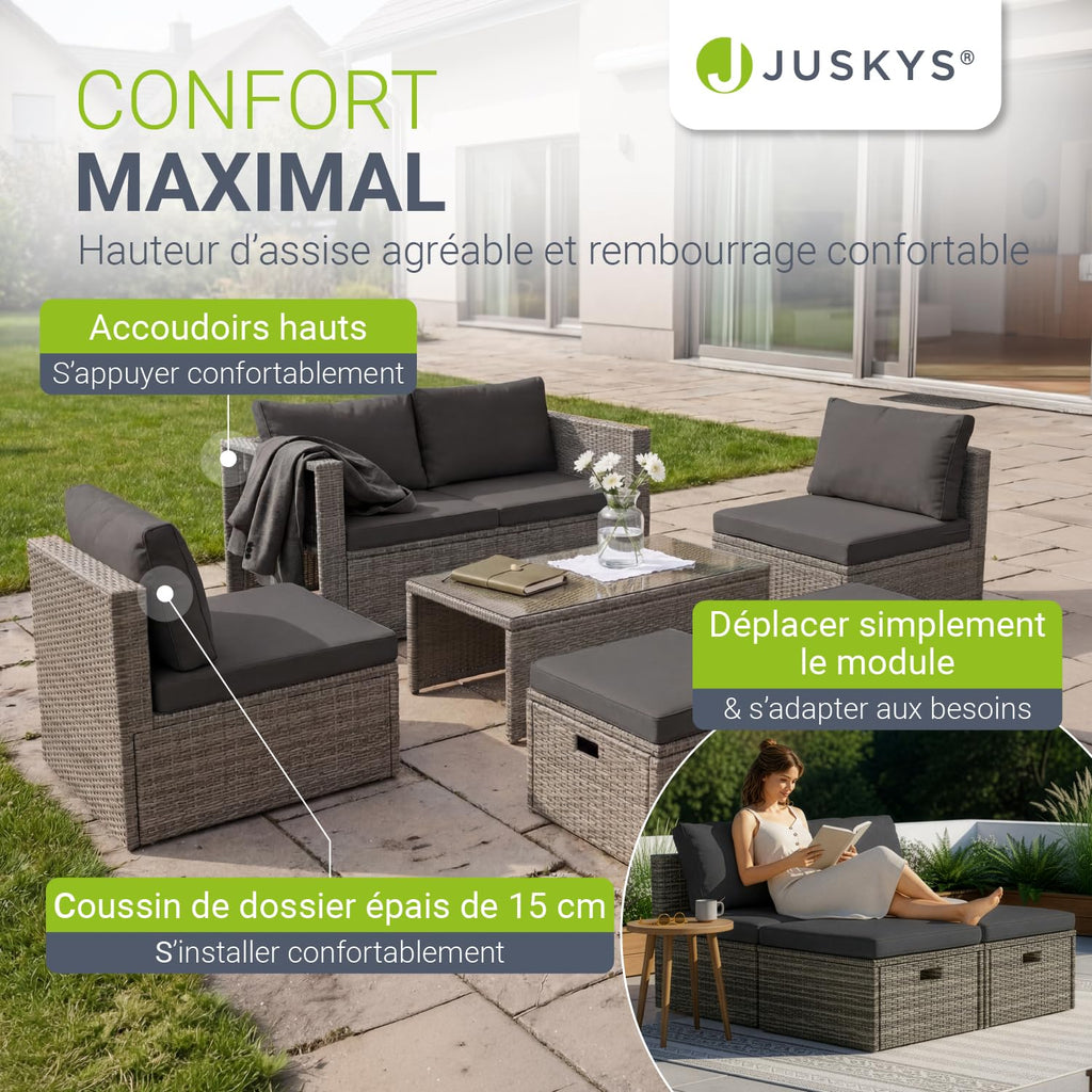Salon de jardin lounge Salou polyrotin 6 personnes table coussins gris modèle 300862