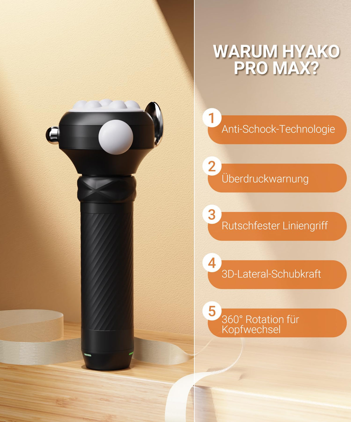 Massagepistole R1 Pro Max mit 360° Massagekopf, 5 Aufsätzen und 120 Hz Tiefengewebe-Vibration