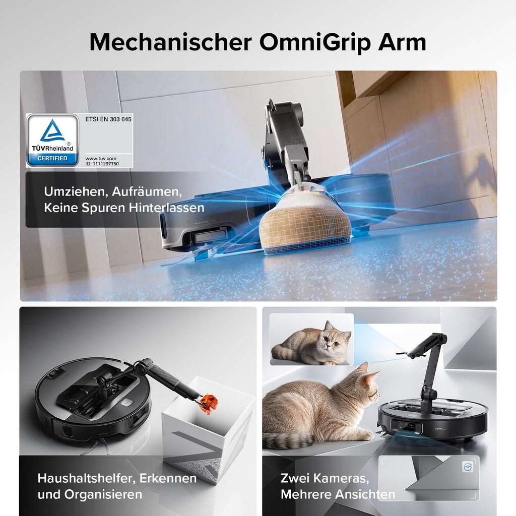 Saugroboter mit Wischfunktion und OmniGrip-Arm, 22.000 Pa Saugkraft, 80 °C Heißwasser-Moppwäsche, KI-gestützte Navigation