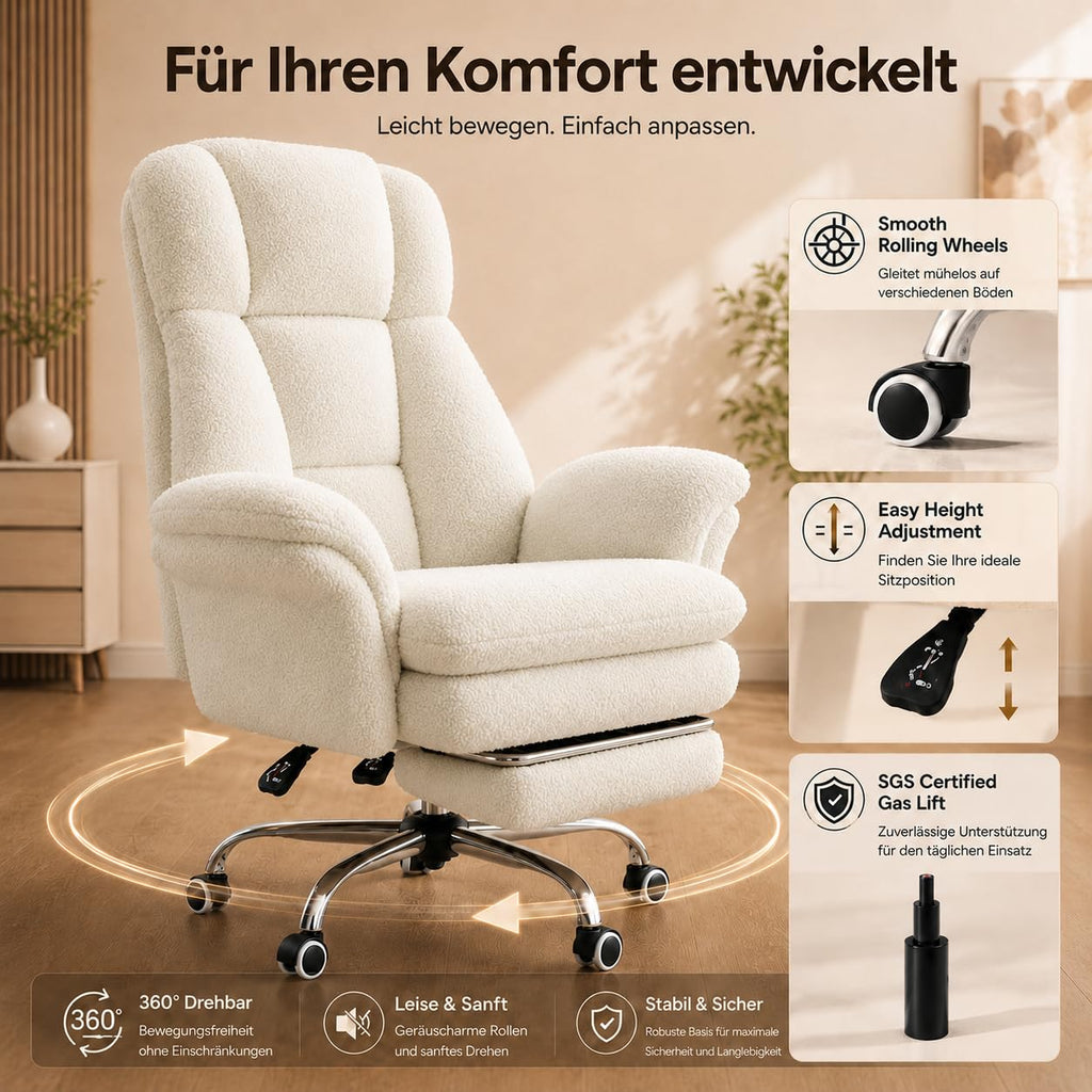 Bürostuhl mit Fußstütze und 135° verstellbarer Rückenlehne, Home Office, Teddy-Stoff