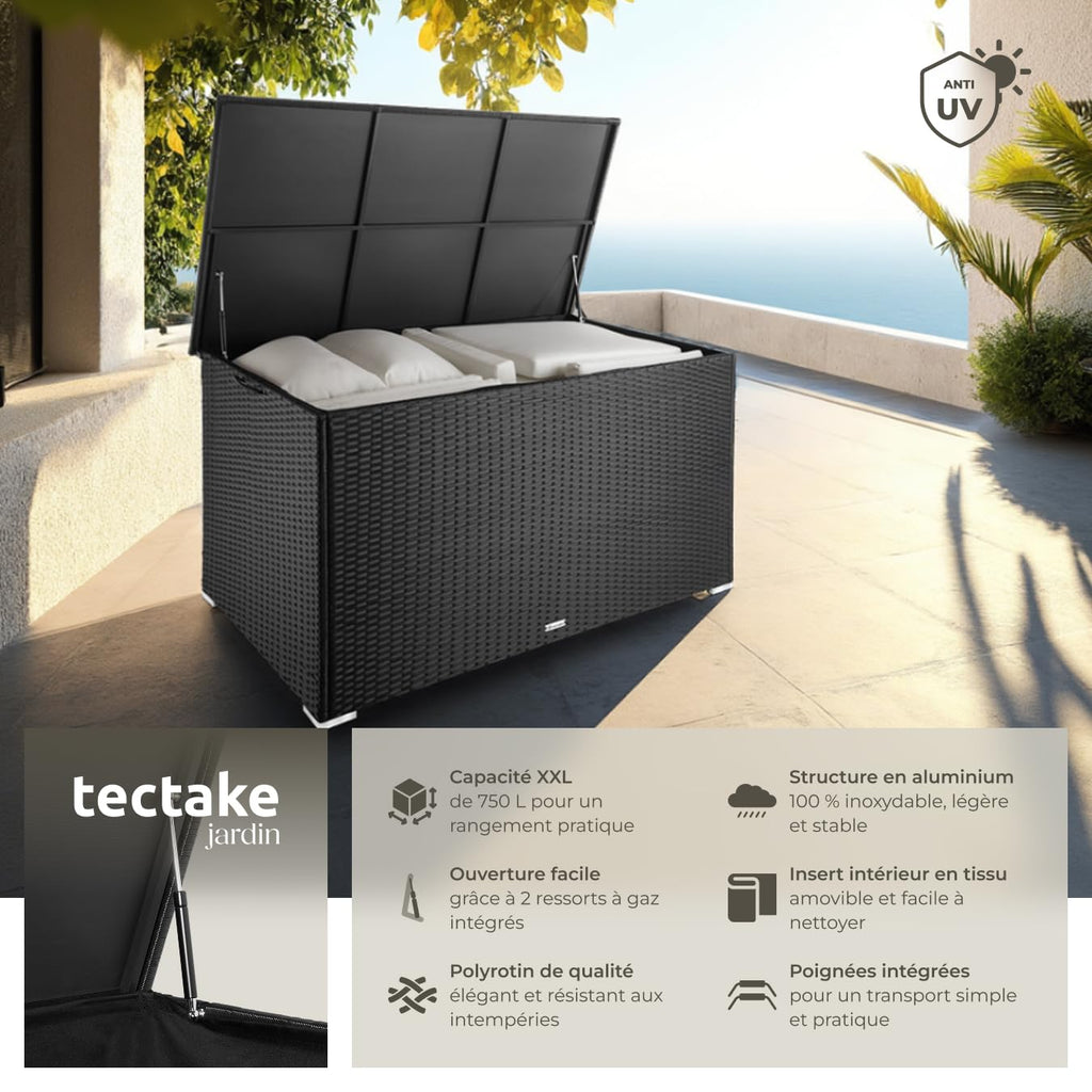 Coffre de jardin rangement extérieur polyrotin 750 L aluminium 145 x 82,5 x 79,5 cm couvercle rabattable