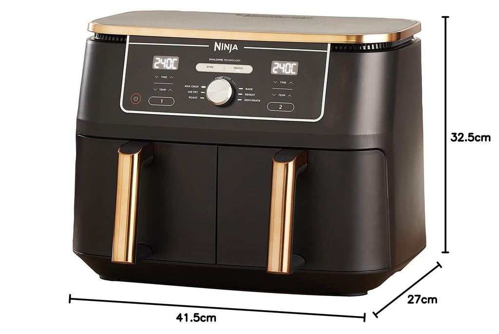 Heißluftfritteuse 9,5 L mit 2 Fächern und 6-in-1-Funktionen Dual Zone Airfryer mit Silikonzange Antihaftbeschichtung