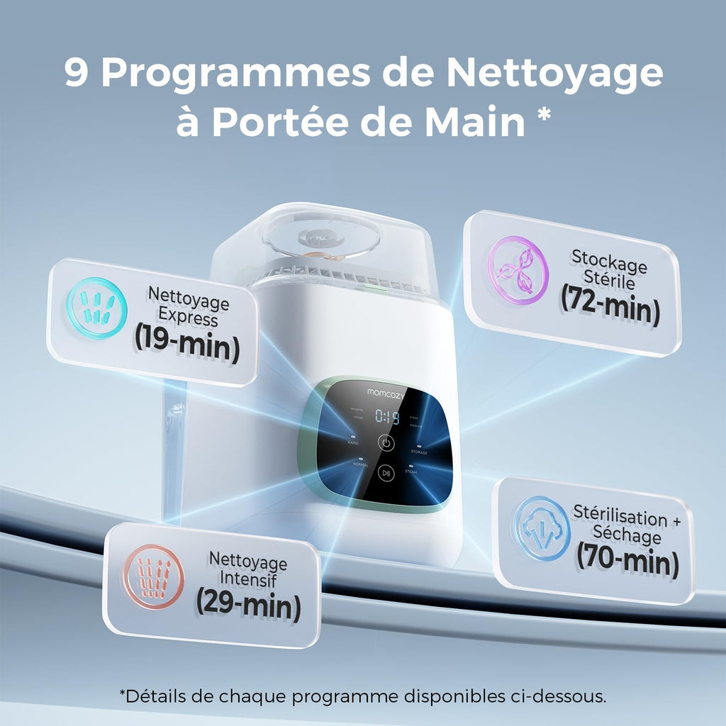 Nettoyeur biberons automatique avec stérilisation vapeur et séchage cycle rapide 19 min pour biberons et accessoires bébé