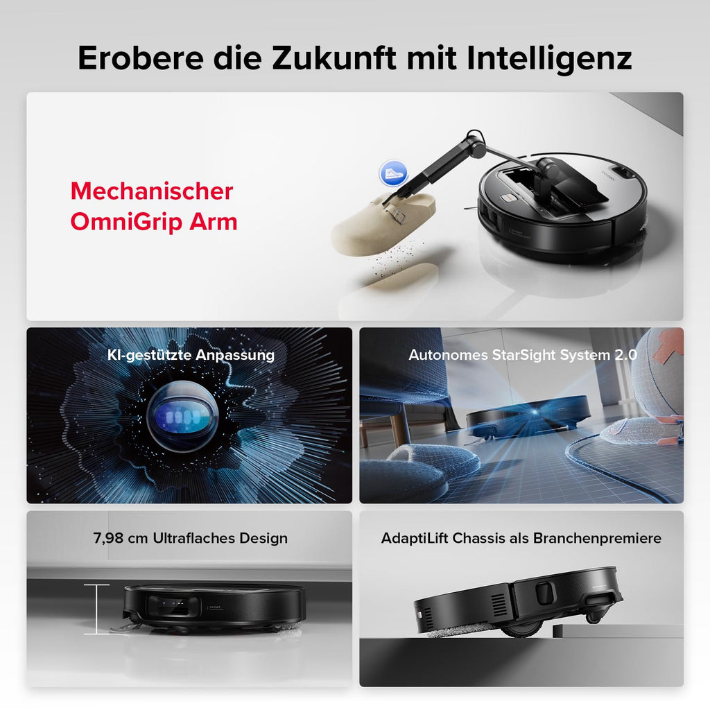 Saugroboter mit Wischfunktion und OmniGrip-Arm, 22.000 Pa Saugkraft, 80 °C Heißwasser-Moppwäsche, KI-gestützte Navigation