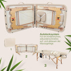 Mobile Massageliege klappbar und höhenverstellbar, extra breit 71 cm, aus Vollholz mit Kopfstütze, Armlehne und Zubehör, Creme