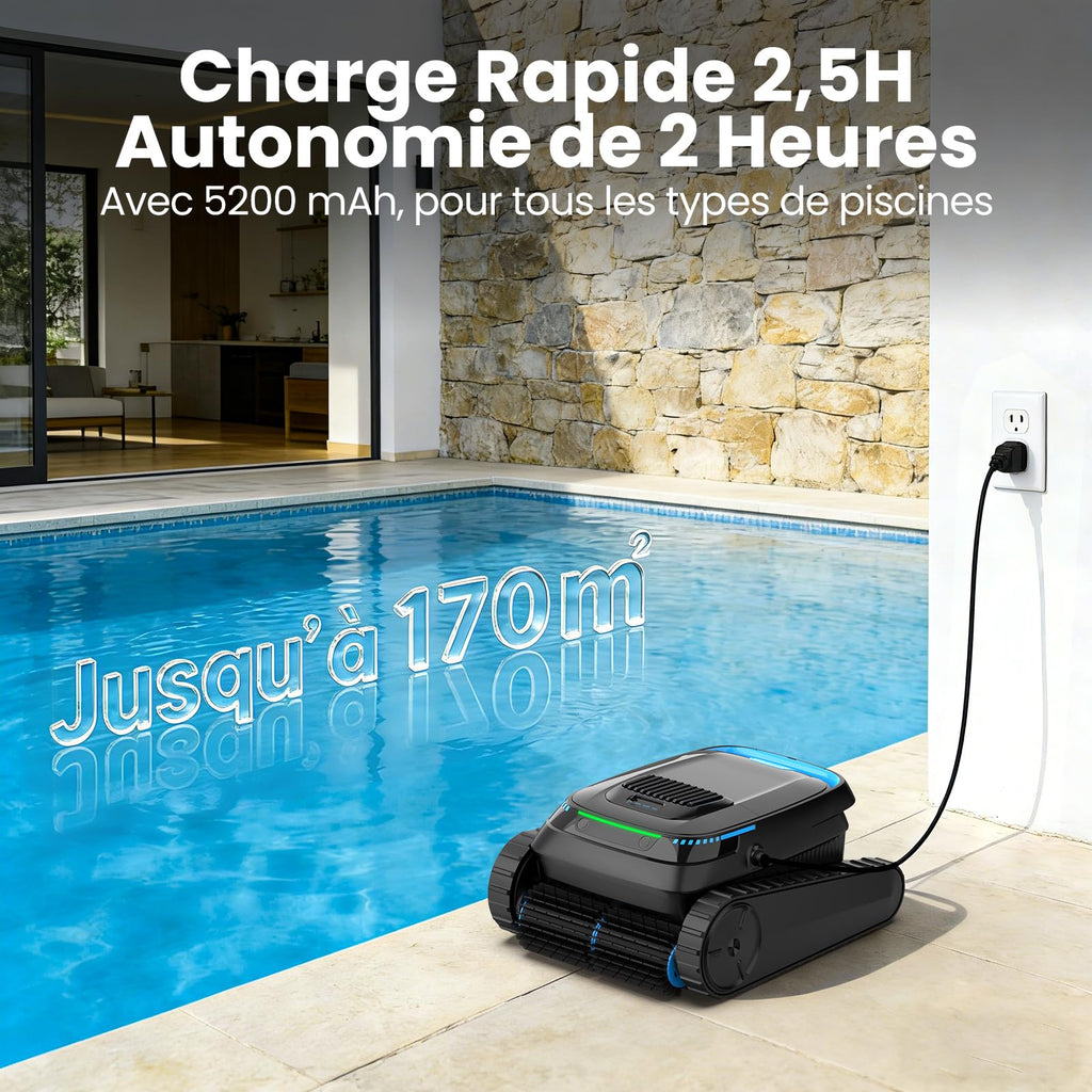Robot de piscine sans fil PC10 pour nettoyage du fond des murs et de la ligne d'eau batterie 5200 mAh débit 18927 L/h