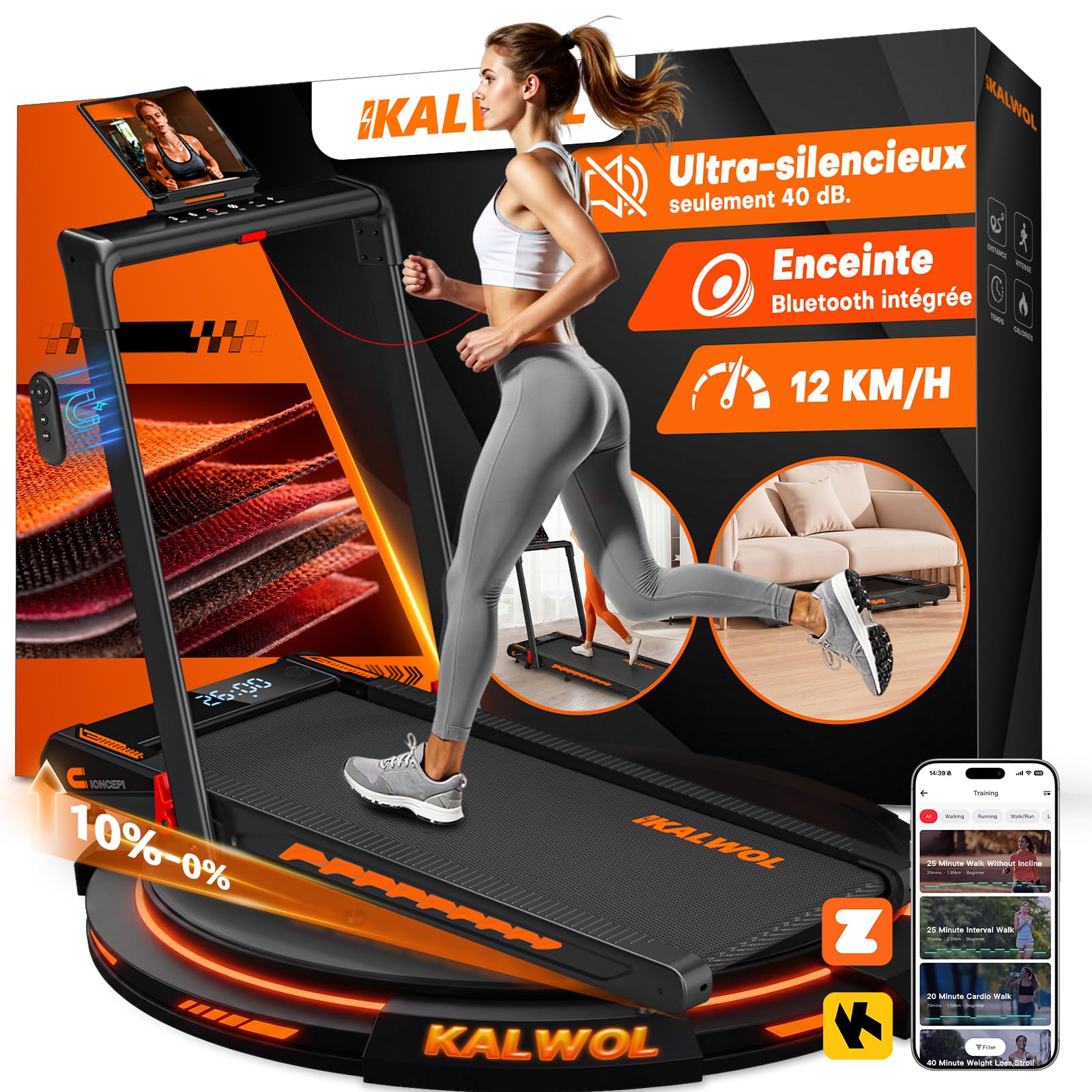 Tapis de course pliable 6 en 1 inclinaison 10% moteur 3 CV vitesse 12 km/h Bluetooth écran LED capacité 160 kg