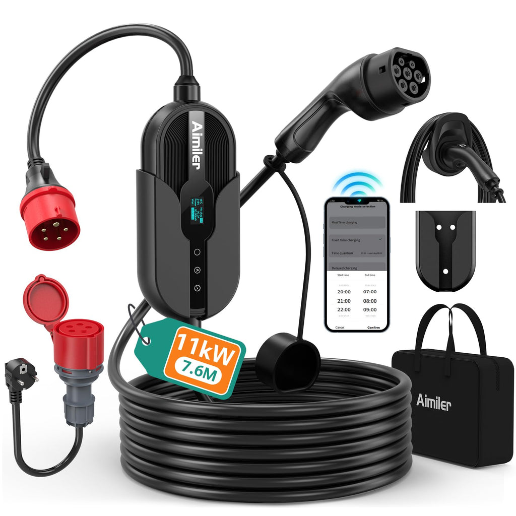 Mobile Wallbox 11 kW mit App-Steuerung, 400 V, 8-16 A, 3-phasig, 7,6 m Typ-2-Ladekabel, IP66, OLED, inkl. Transporttasche und Wandhalterung, schwarz