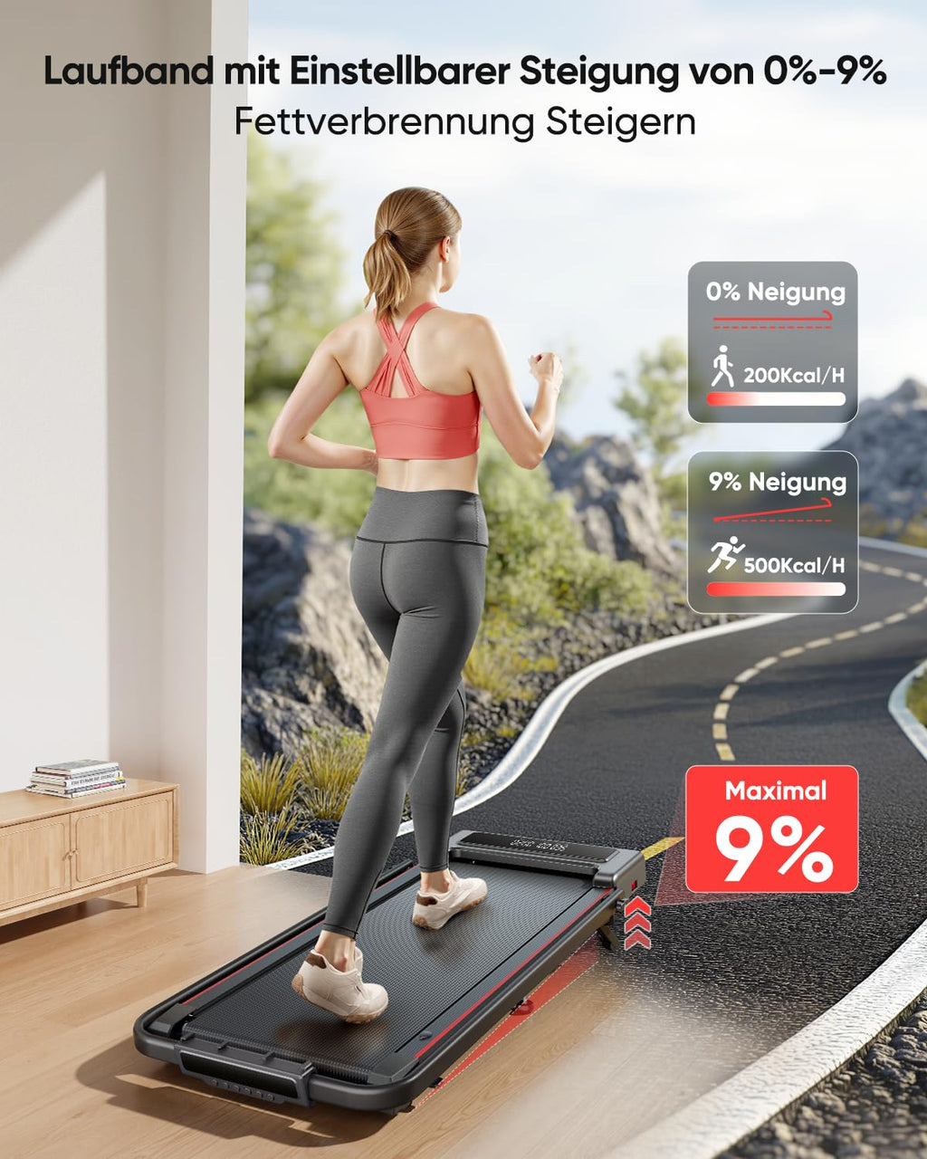 Klappbares Laufband 4-in-1 mit 9 % Neigung 12 km/h und 2,5 PS leisem Motor für Zuhause und Büro