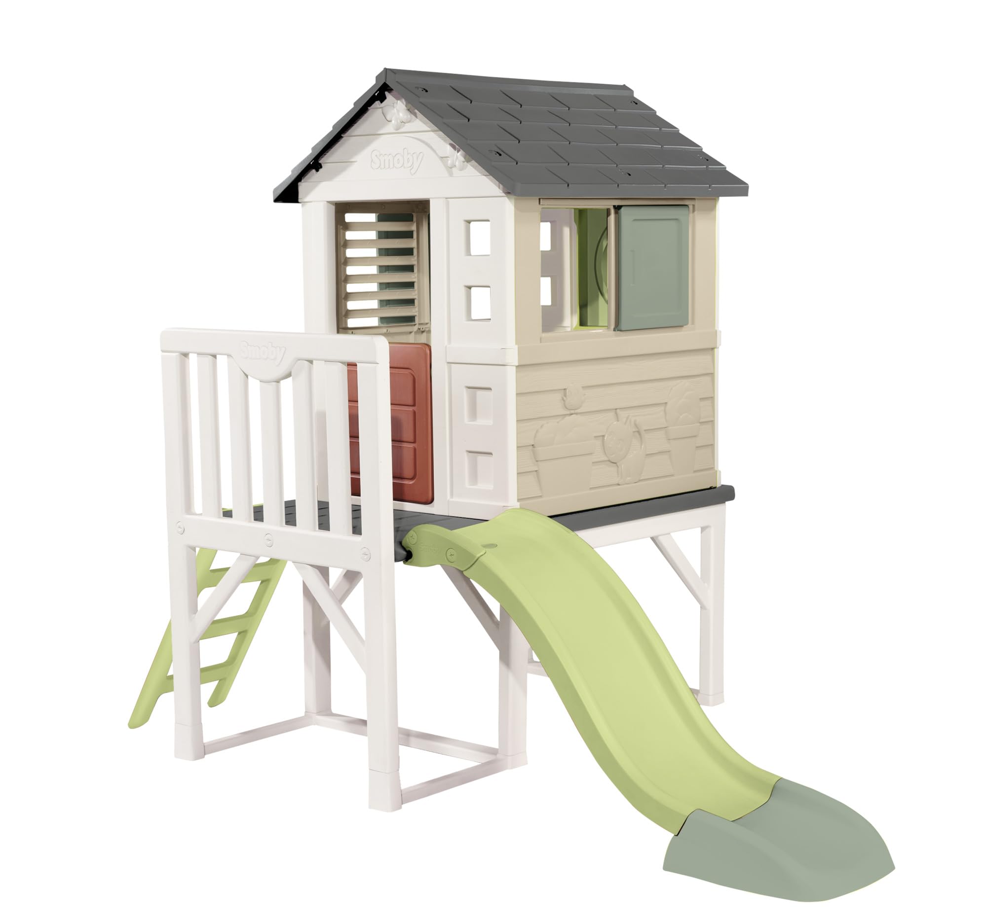 Maison de jeu enfant sur pilotis avec plateforme 70 cm échelle et toboggan matériau recyclé dès 2 ans modèle 7600810802