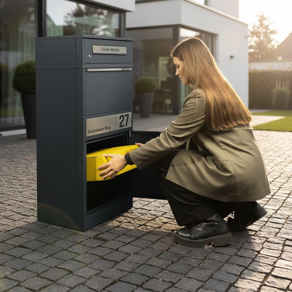 Paketbox mit Briefkasten Bispo 2 in Anthrazit, abschließbarer Standbriefkasten aus Edelstahl mit Paketfach und Gravur