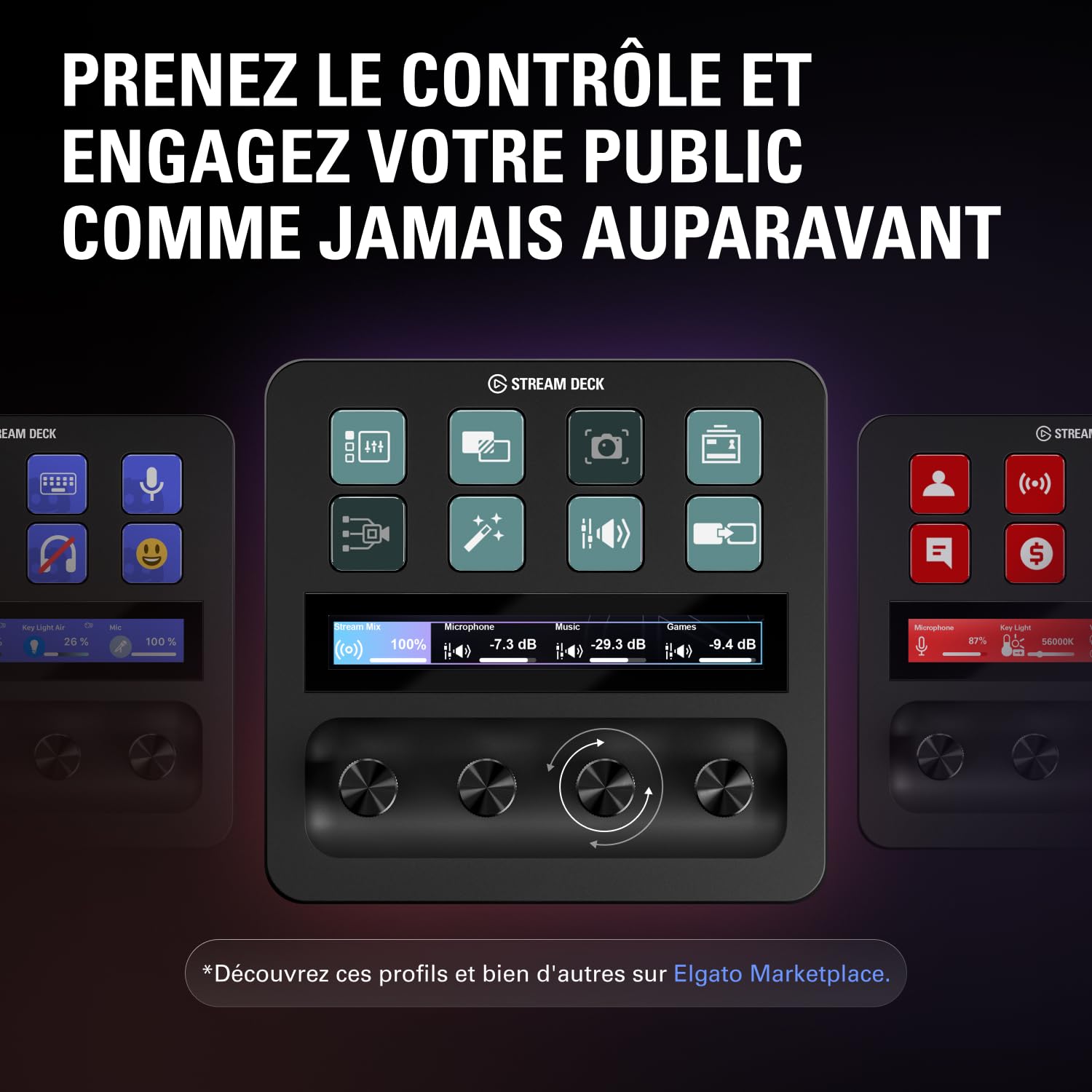 Console de mixage Stream Deck Plus avec touches LCD ruban tactile et connexion USB-C pour production audio vidéo Mac PC