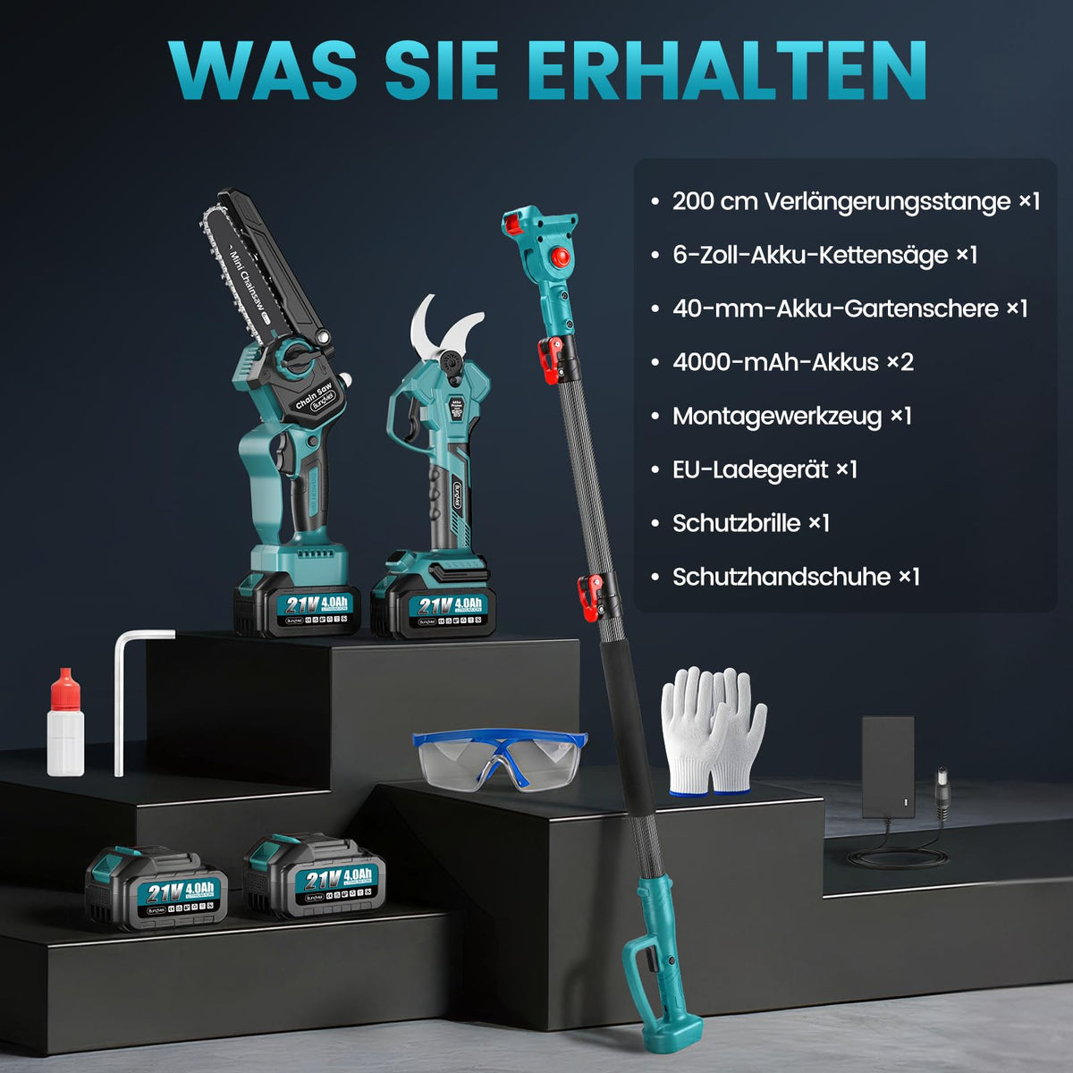 4-in-1 Akku-Hochentaster mit 6-Zoll-Mini-Kettensäge und Elektrischer Gartenschere, bürstenlos, 2x 4,0 Ah, bis 4 m