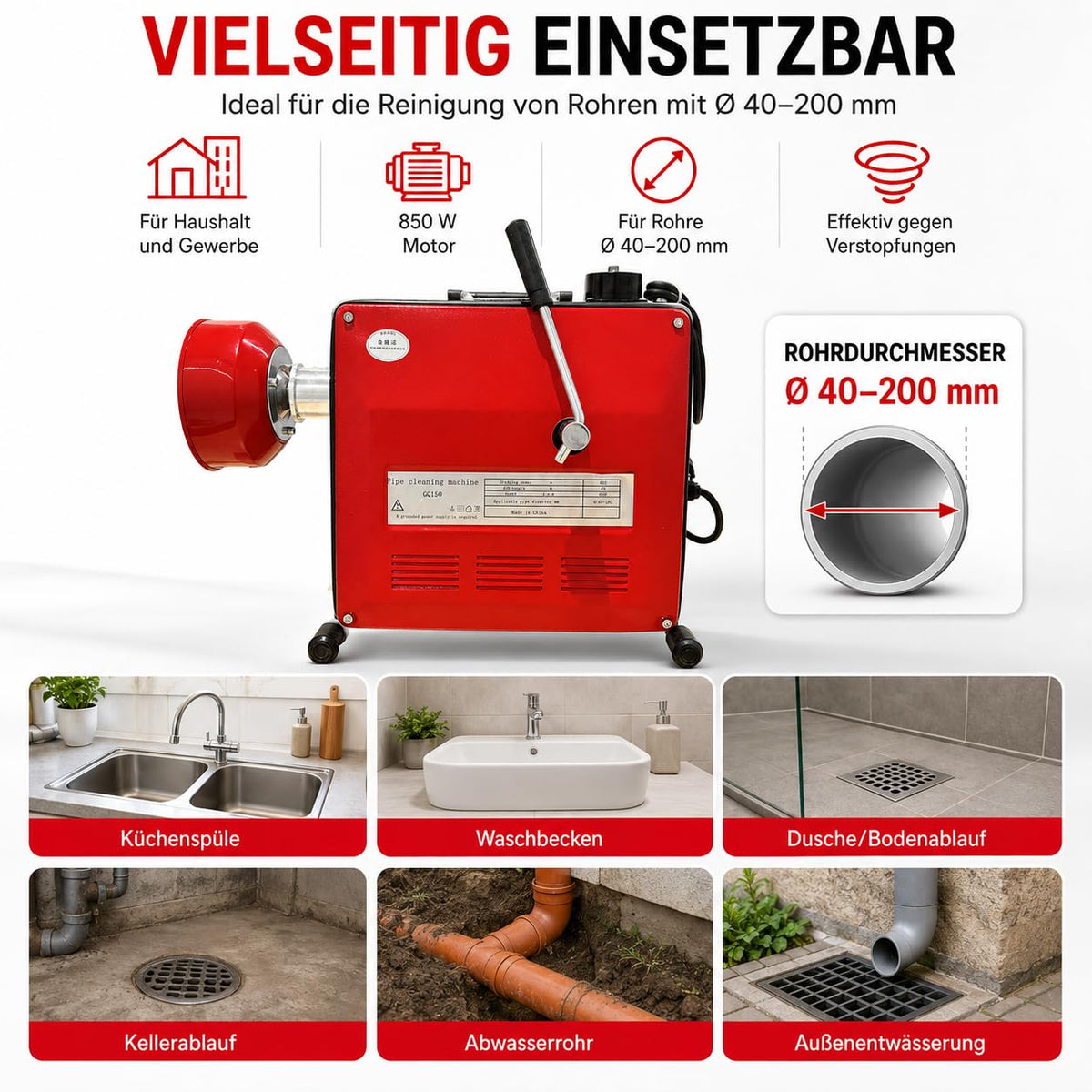 Rohrreinigungsmaschine 850W mit 400 U/min Ausgangsdrehzahl für Rohre Ø40–200 mm, inkl. 20 m Spirale, Biegespirale und 6 Reinigungsköpfen
