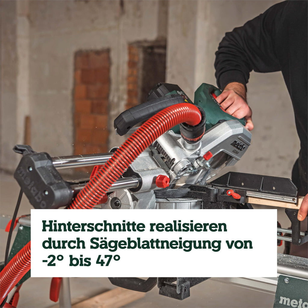 Kapp- und Gehrungssäge KGS 254 M mit Zugfunktion und 254 mm Sägeblatt, inkl. Materialklemme und Spänefangsack