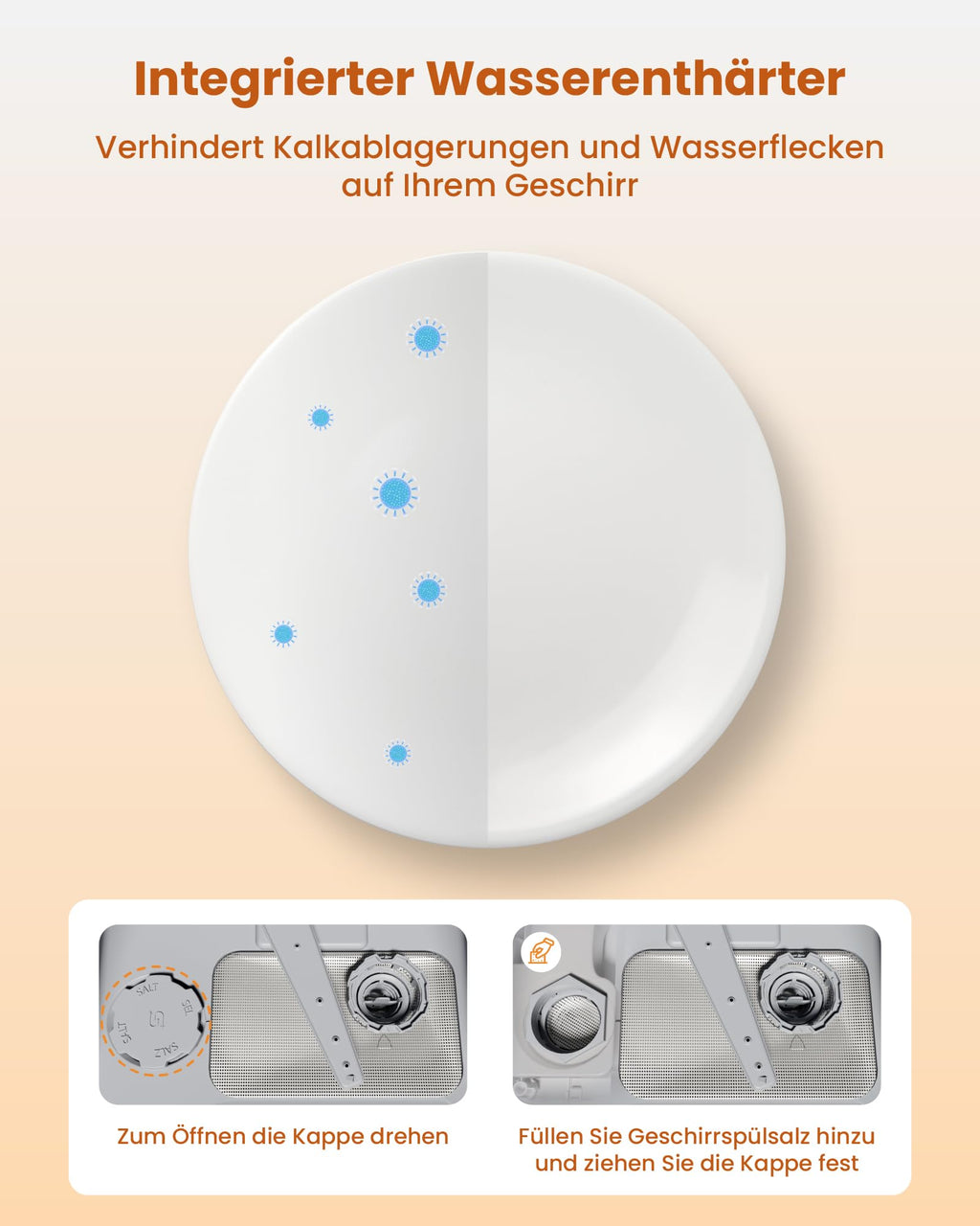 Tischgeschirrspüler mit Wasserenthärter und 5-Liter-Wassertank, 8 Spülprogramme und 18 Stunden Startverzögerung, weiß