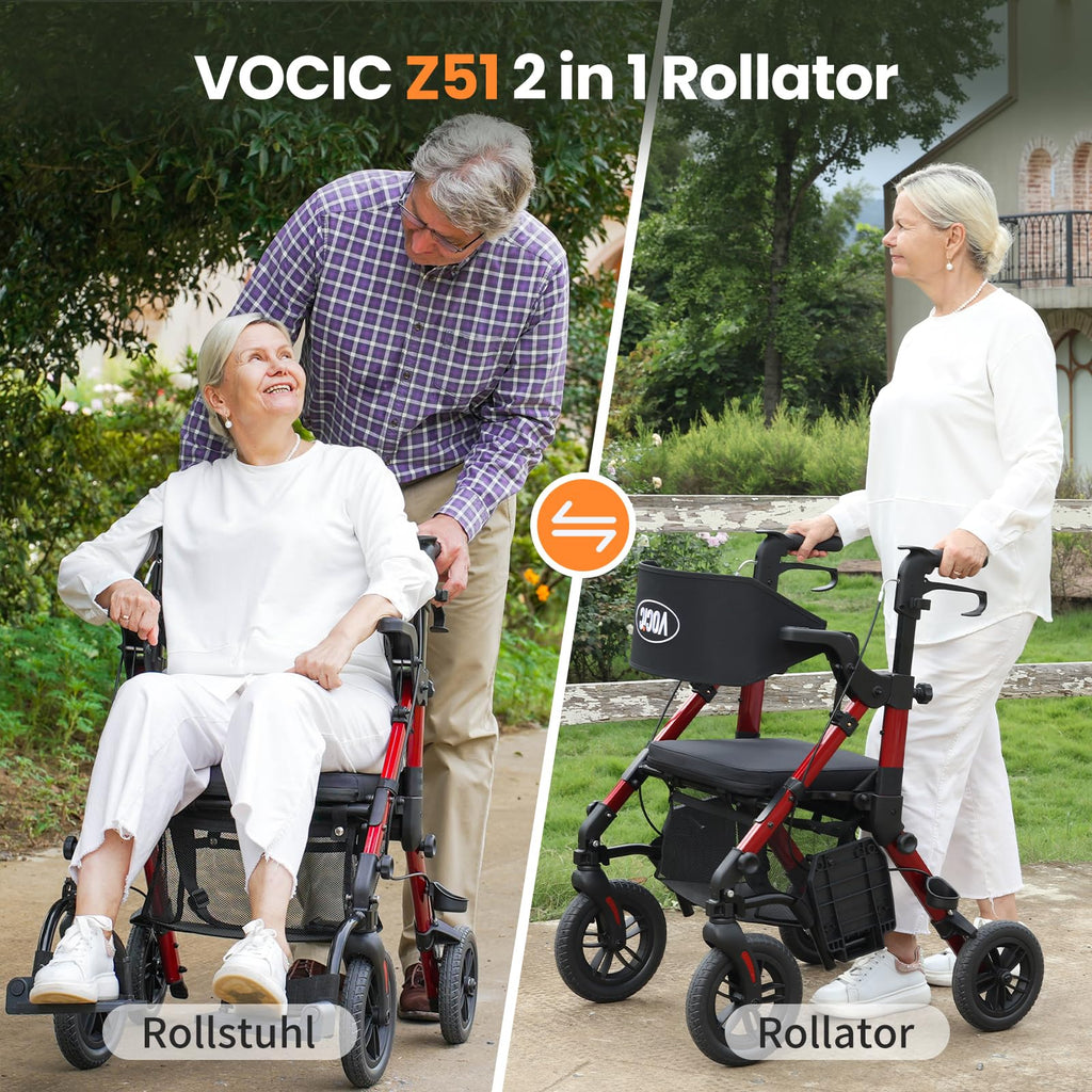 2-in-1 Rollstuhl Rollator faltbar aus Aluminium mit Sitz und Outdoor-Gummireifen, roter Gehwagen bis 136 kg