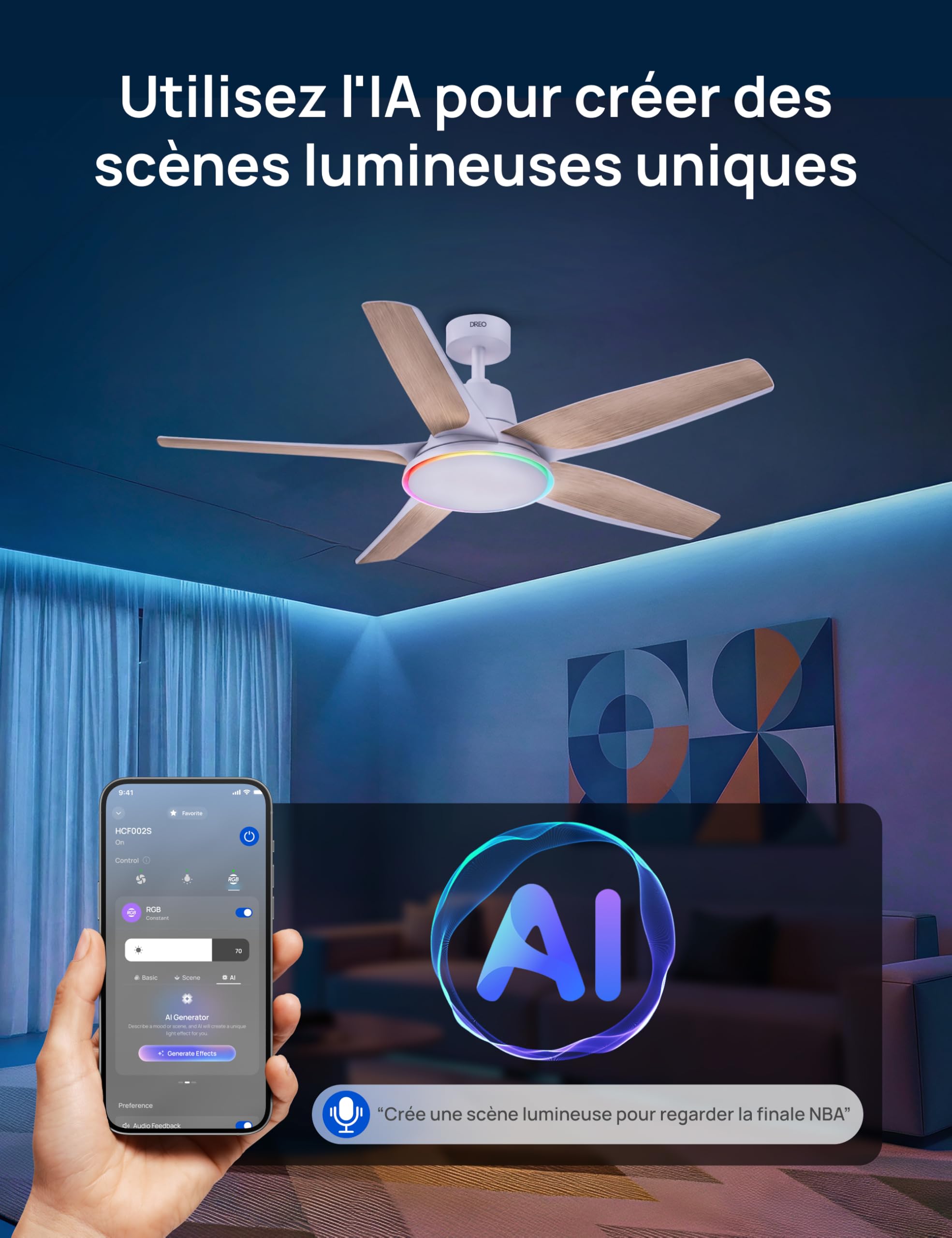 Ventilateur de plafond intelligent avec éclairage LED RGB 132 cm moteur CC silencieux contrôle APP et télécommande DR-HCF002S