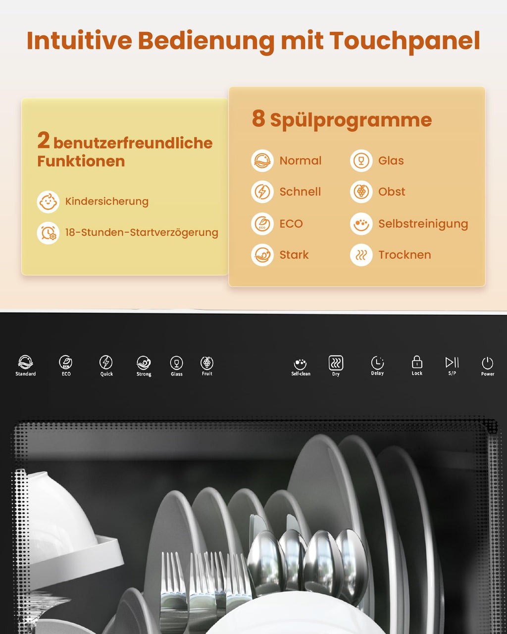 Tischgeschirrspüler mit Wasserenthärter und 5-Liter-Wassertank, 8 Spülprogramme und 18 Stunden Startverzögerung, weiß