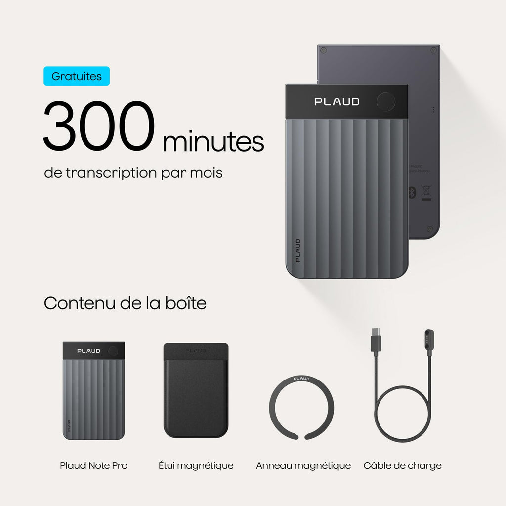 Enregistreur vocal IA Note Pro avec transcription automatique 64 Go Bluetooth 50 h d'enregistrement étui magnétique inclus