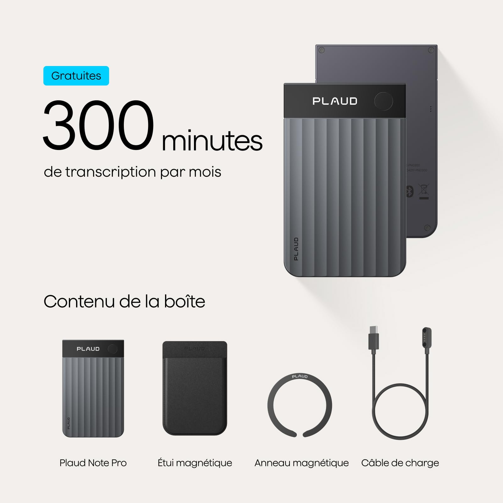 Enregistreur vocal IA Note Pro avec transcription automatique 64 Go Bluetooth 50 h d'enregistrement étui magnétique inclus