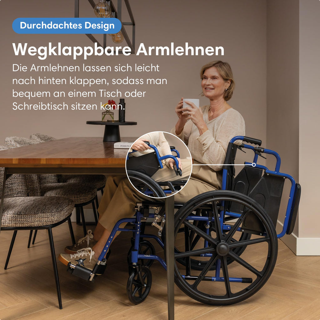 Faltbarer Rollstuhl, leicht mit 18,6 kg und 32 cm Faltbreite, Sitzbreite 46 cm, bis 136 kg, pannensichere PU-Reifen