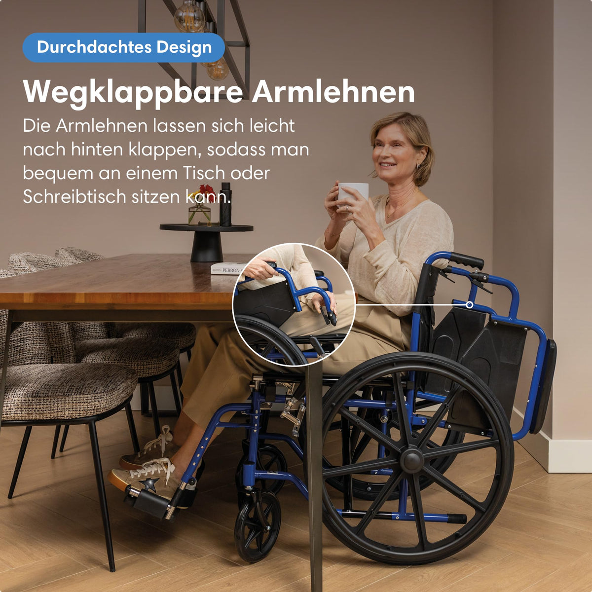 Faltbarer Rollstuhl, leicht mit 18,6 kg und 32 cm Faltbreite, Sitzbreite 46 cm, bis 136 kg, pannensichere PU-Reifen