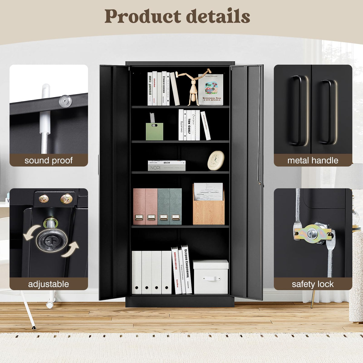Aktenschrank abschließbar mit 2 Türen und 4 verstellbaren Einlegeböden, Stahlschrank 170x78x39 cm in Schwarz