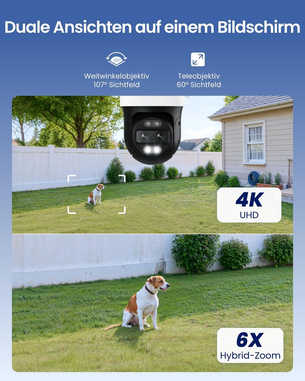 4K PTZ Überwachungskamera Außen mit Auto-Tracking, 6-fachem Hybrid-Zoom und Dual-Band Wi-Fi 6 für 360° Rundumsicht