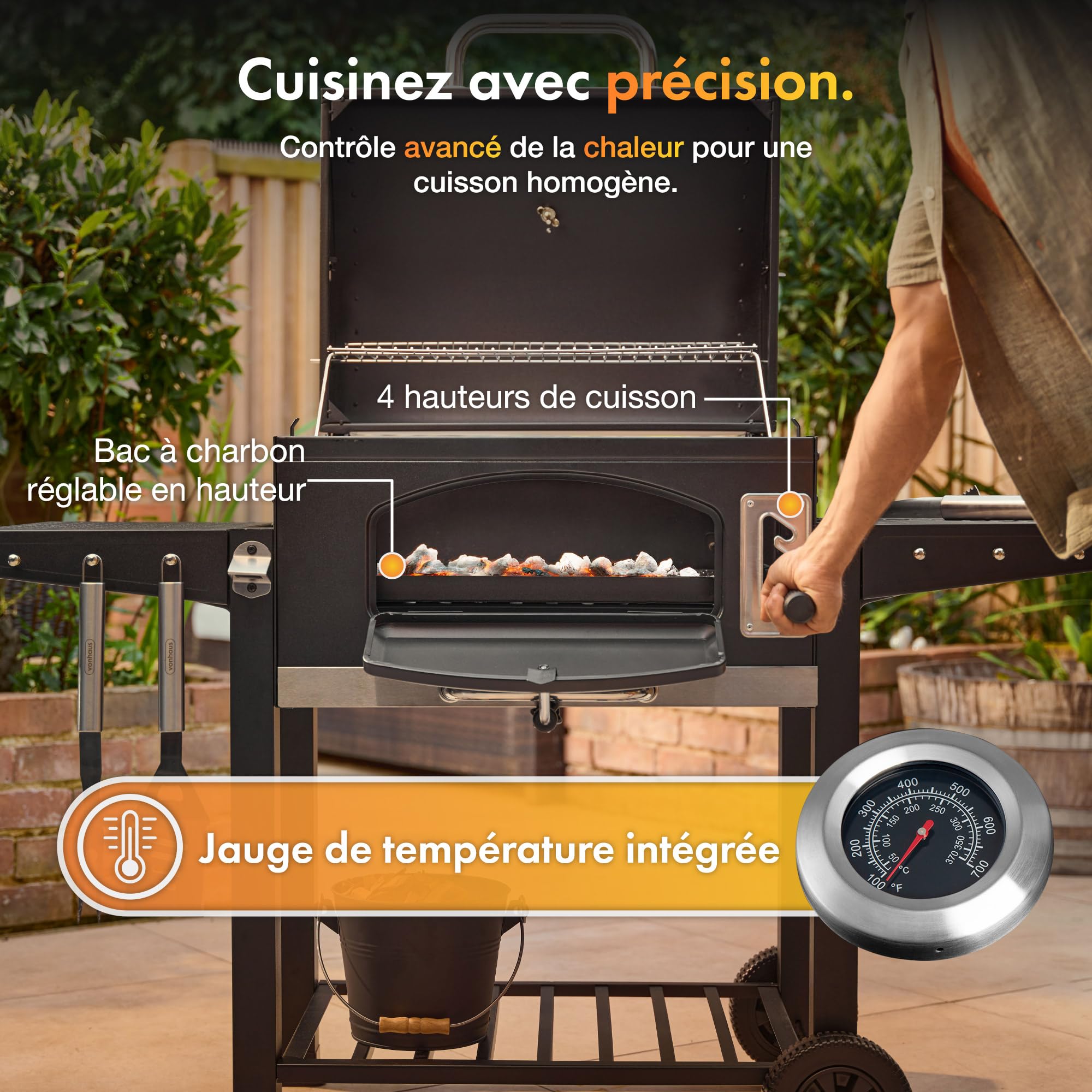 Barbecue charbon XL avec couvercle grill et fumoir 2 en 1 grille en fonte thermomètre intégré