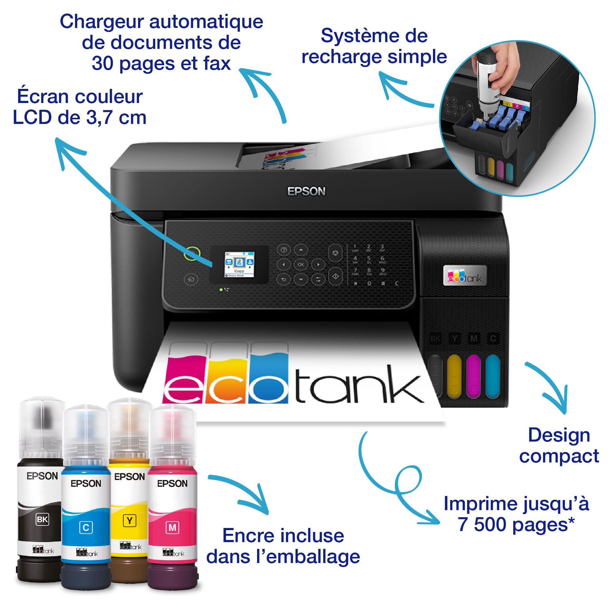 Imprimante multifonction A4 EcoTank ET-4800 Wi-Fi avec réservoirs d'encre chargeur automatique de documents et fonction impression copie scan