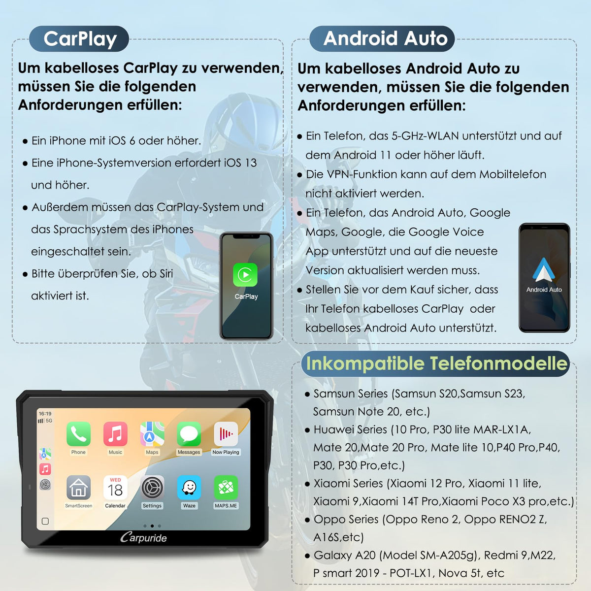 Motorrad CarPlay Display 702BS Pro 7 Zoll 1024 x 600 Wireless CarPlay Android Auto für BMW R1200GS R1250GS S1000XR R1300GS