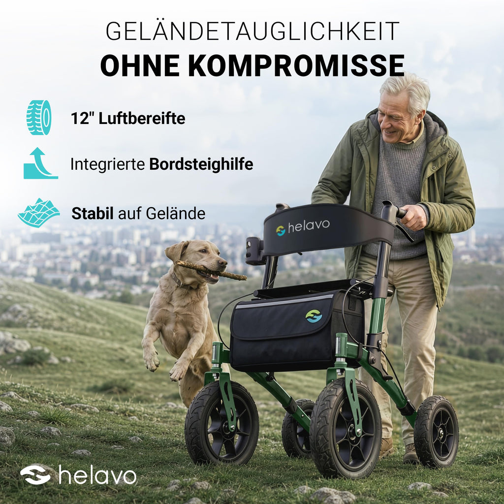 Outdoor-Rollator mit Luftbereifung, faltbar für Draußen, bis 136 kg, Sitz und Rückenlehne