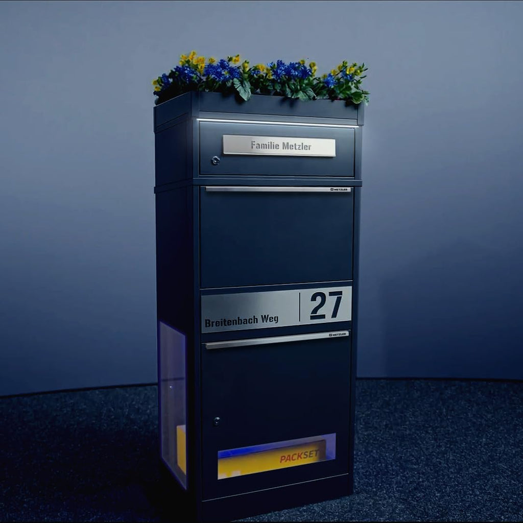 Paketbox mit Briefkasten Bispo 2 in Anthrazit, abschließbarer Standbriefkasten aus Edelstahl mit Paketfach und Gravur