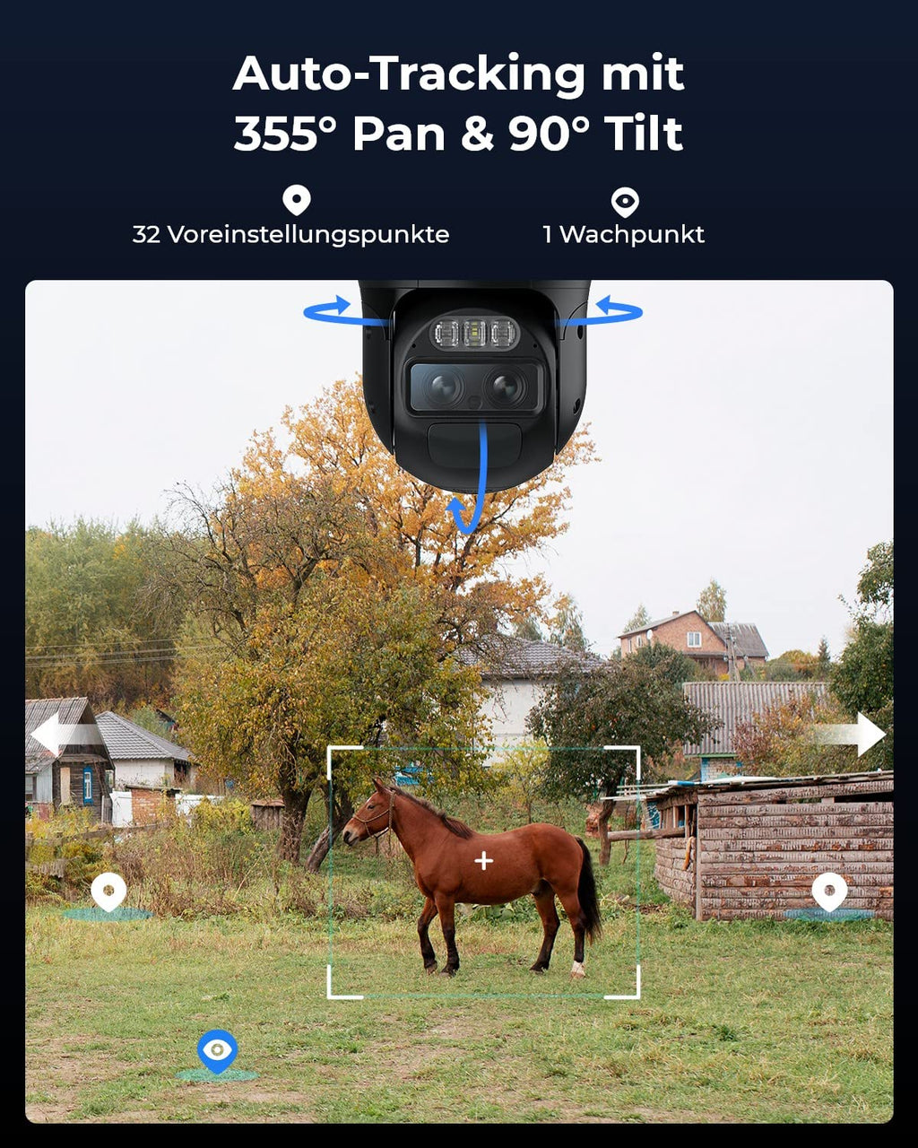 4K 3G/4G LTE Solar Überwachungskamera mit SIM Karte, 360° PTZ Auto-Tracking und KI-Erkennung für Menschen, Fahrzeuge und Haustiere
