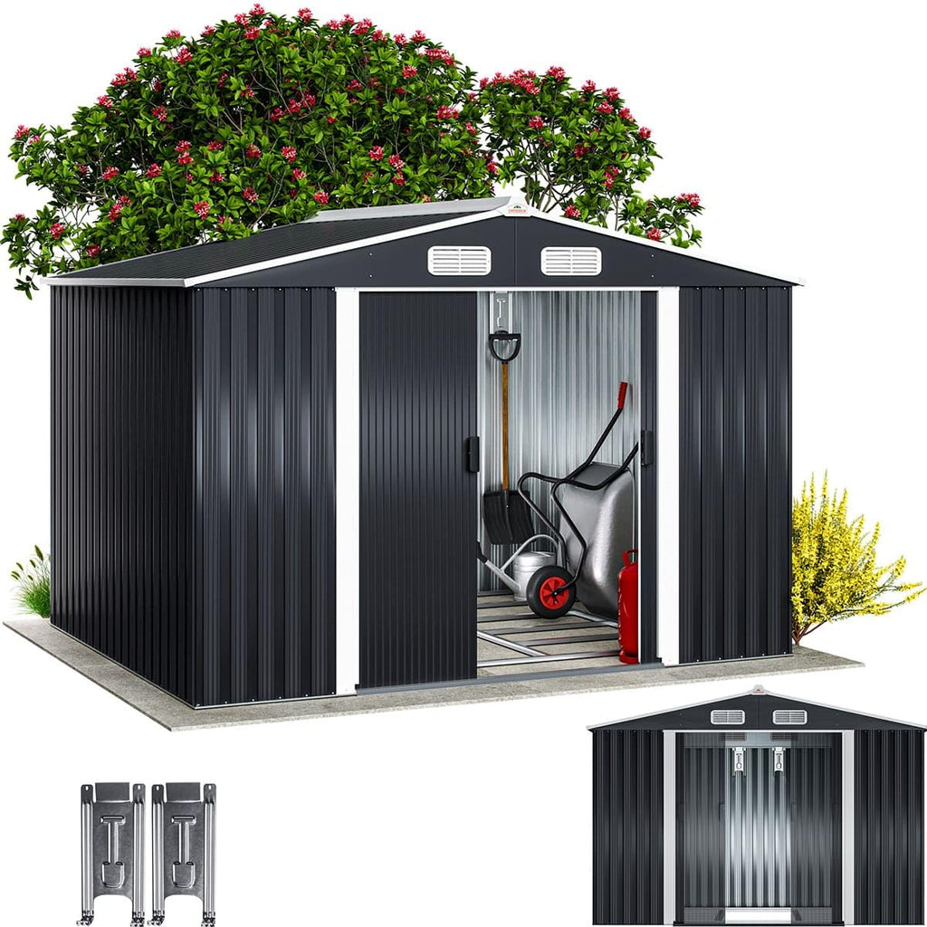 Metall Gerätehaus 260 x 205 x 180 cm mit Fundament Satteldach Schiebetür Belüftungsöffnungen 4 Haken
