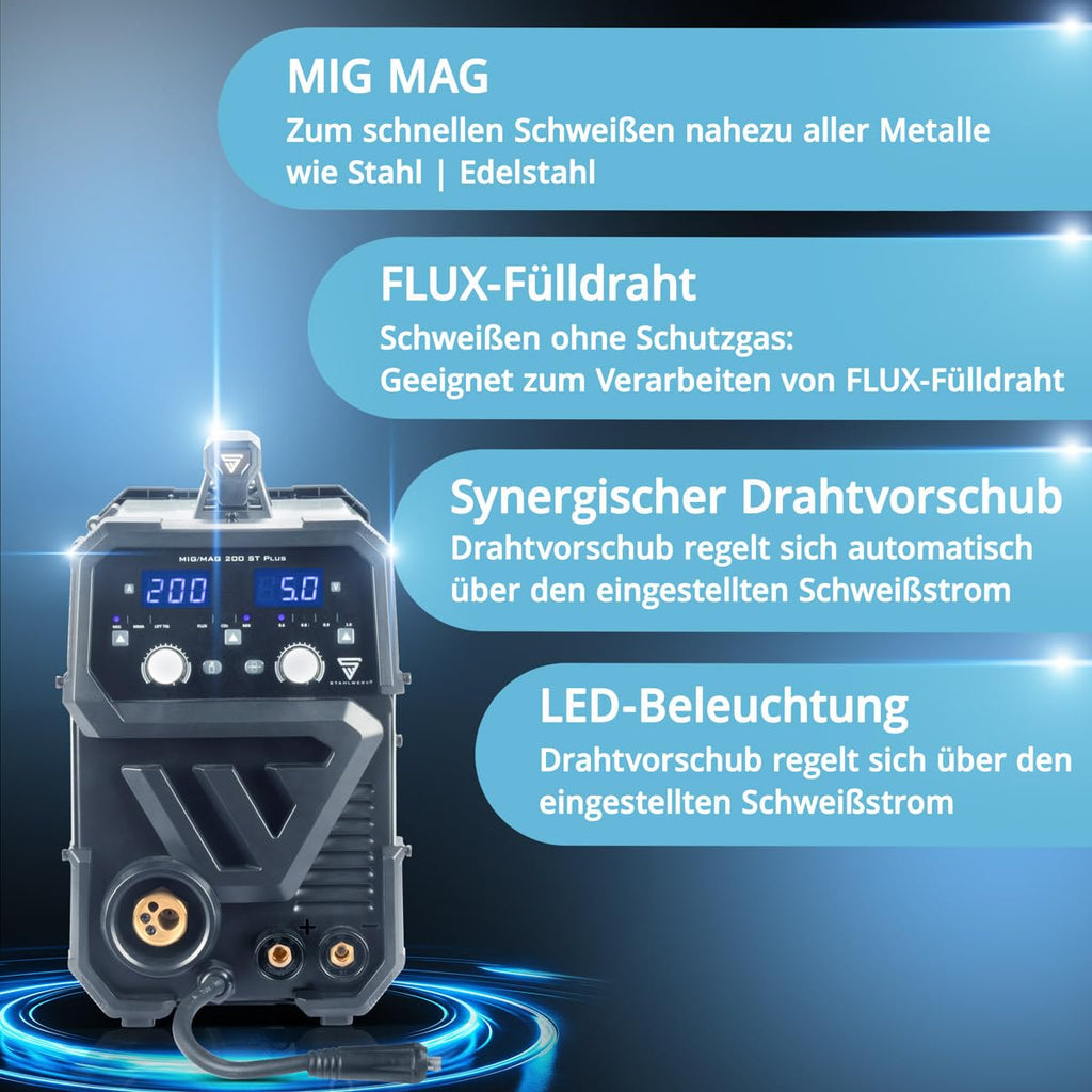 Schutzgasschweißgerät MIG/MAG 200 ST IGBT-Inverter mit 200 A, voll-synergisch für MIG/MAG, FLUX, Lift-TIG und MMA
