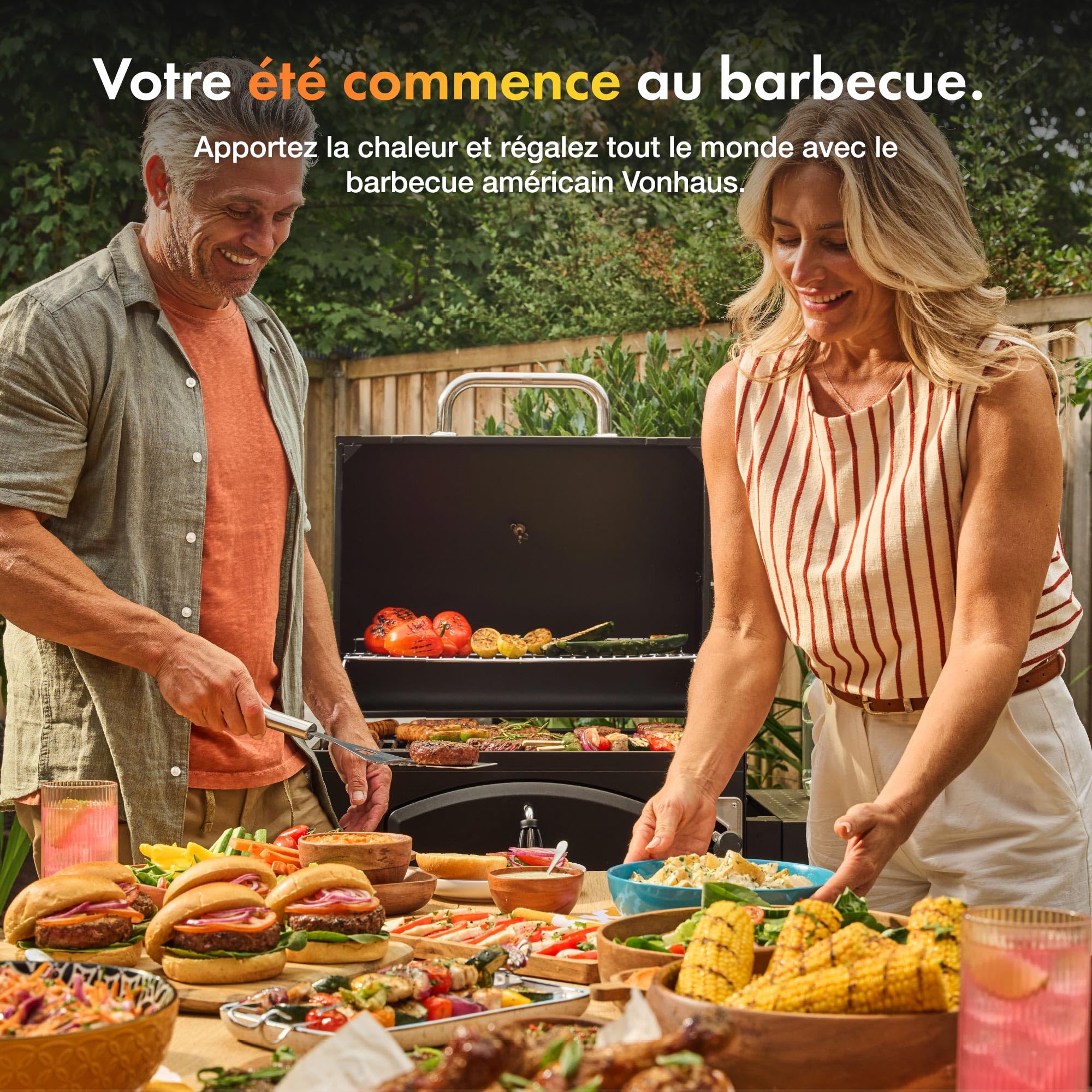 Barbecue charbon XL avec couvercle grill et fumoir 2 en 1 grille en fonte thermomètre intégré