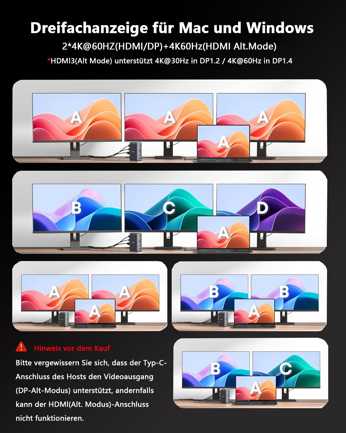 Dockingstation mit DisplayLink für Dreifach-Display, 3x HDMI und 2x DisplayPort, 4K bei 60 Hz