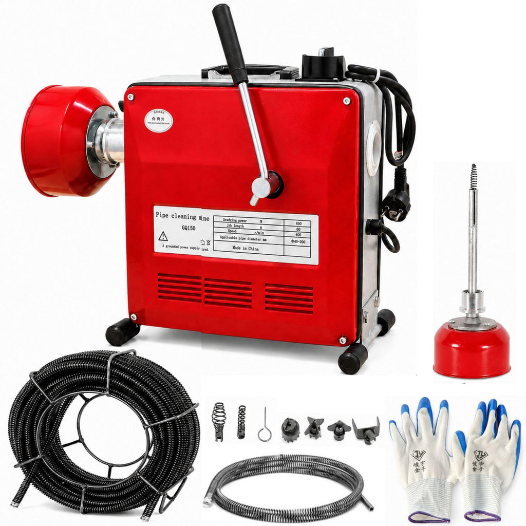 Rohrreinigungsmaschine 850W mit 400 U/min Ausgangsdrehzahl für Rohre Ø40–200 mm, inkl. 20 m Spirale, Biegespirale und 6 Reinigungsköpfen