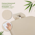 Mobile Massageliege klappbar und höhenverstellbar, extra breit 71 cm, aus Vollholz mit Kopfstütze, Armlehne und Zubehör, Creme