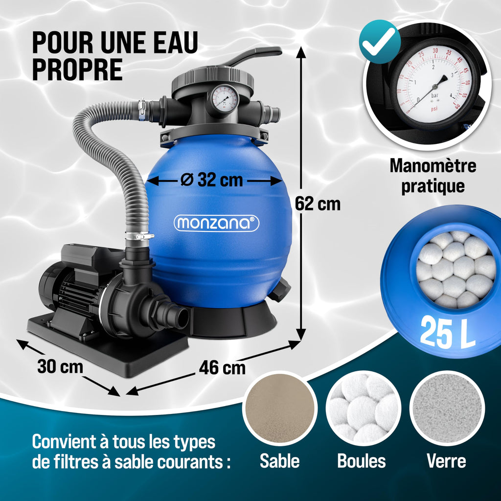 Pompe de filtration à sable piscine 10,2 m³/h auto-amorçante avec réservoir 25 L vanne 7 voies raccords 32 38 mm