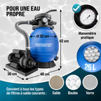 Pompe de filtration à sable piscine 10,2 m³/h auto-amorçante avec réservoir 25 L vanne 7 voies raccords 32 38 mm