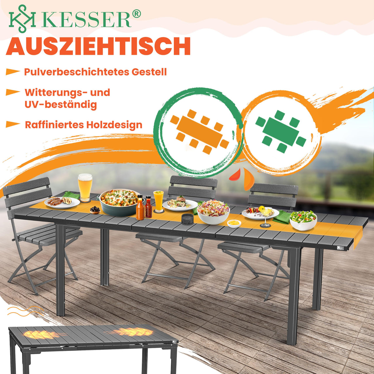 Ausziehbarer Gartentisch 180 bis 240 x 90 cm für 6 bis 8 Personen mit Stahlgestell und HDPE-Tischplatte
