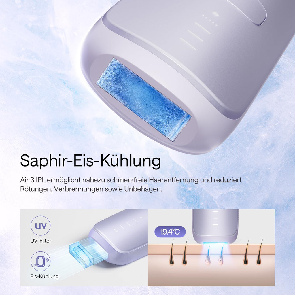 IPL Haarentfernungsgerät Gesicht Körper Saphir-Kühlung 3 Modi Auto-Modus 550–1200 nm 90 Lichtimpulse/min