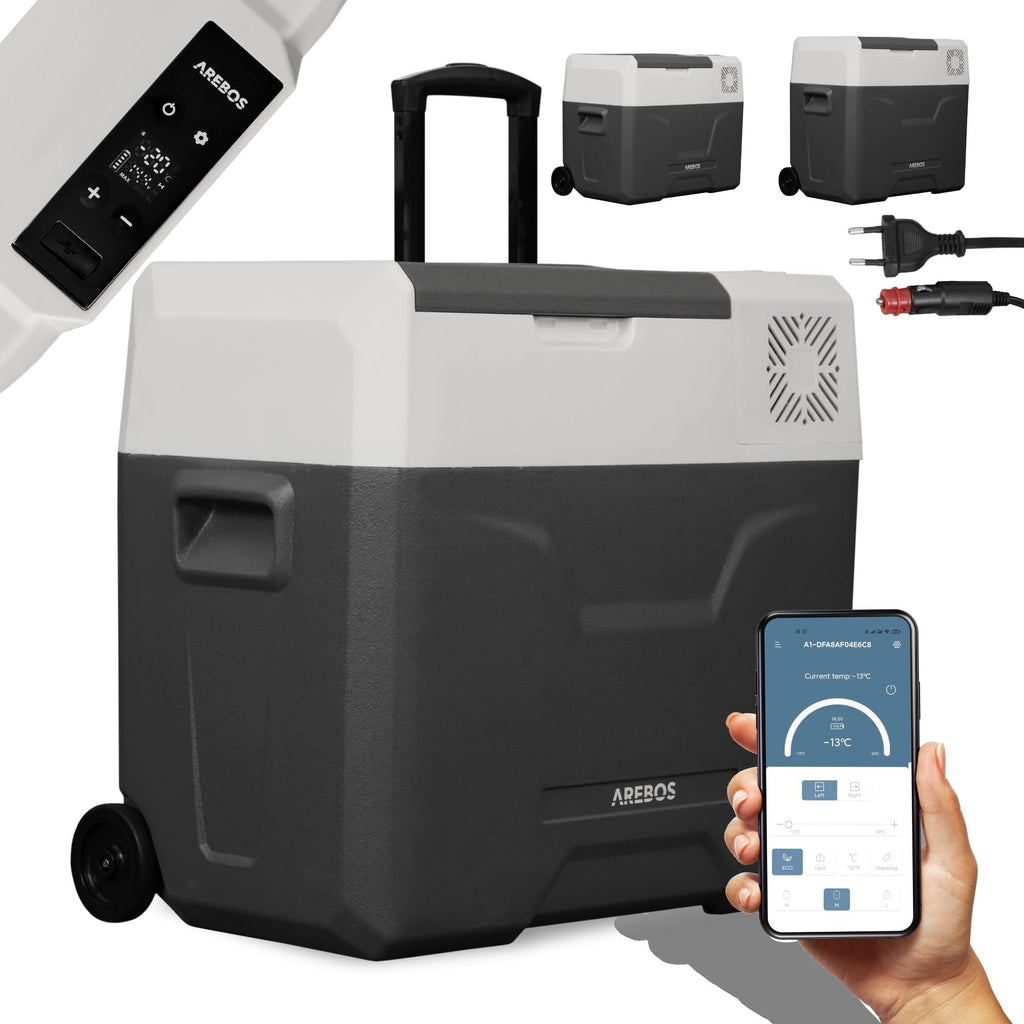 Kompressor-Kühlbox 47 Liter mit Rollen Teleskopstange App-Steuerung LCD-Touchscreen 12/24 V und 230 V Kühl- und Warmfunktion