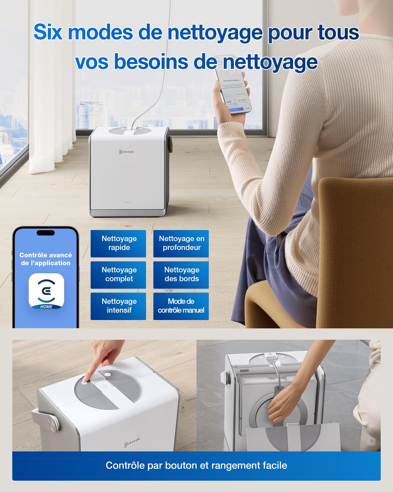Robot nettoyeur de vitres WINBOT W2 Pro Omni WG851-11 avec station multifonction pulvérisation triple buse et système de protection 12 niveaux