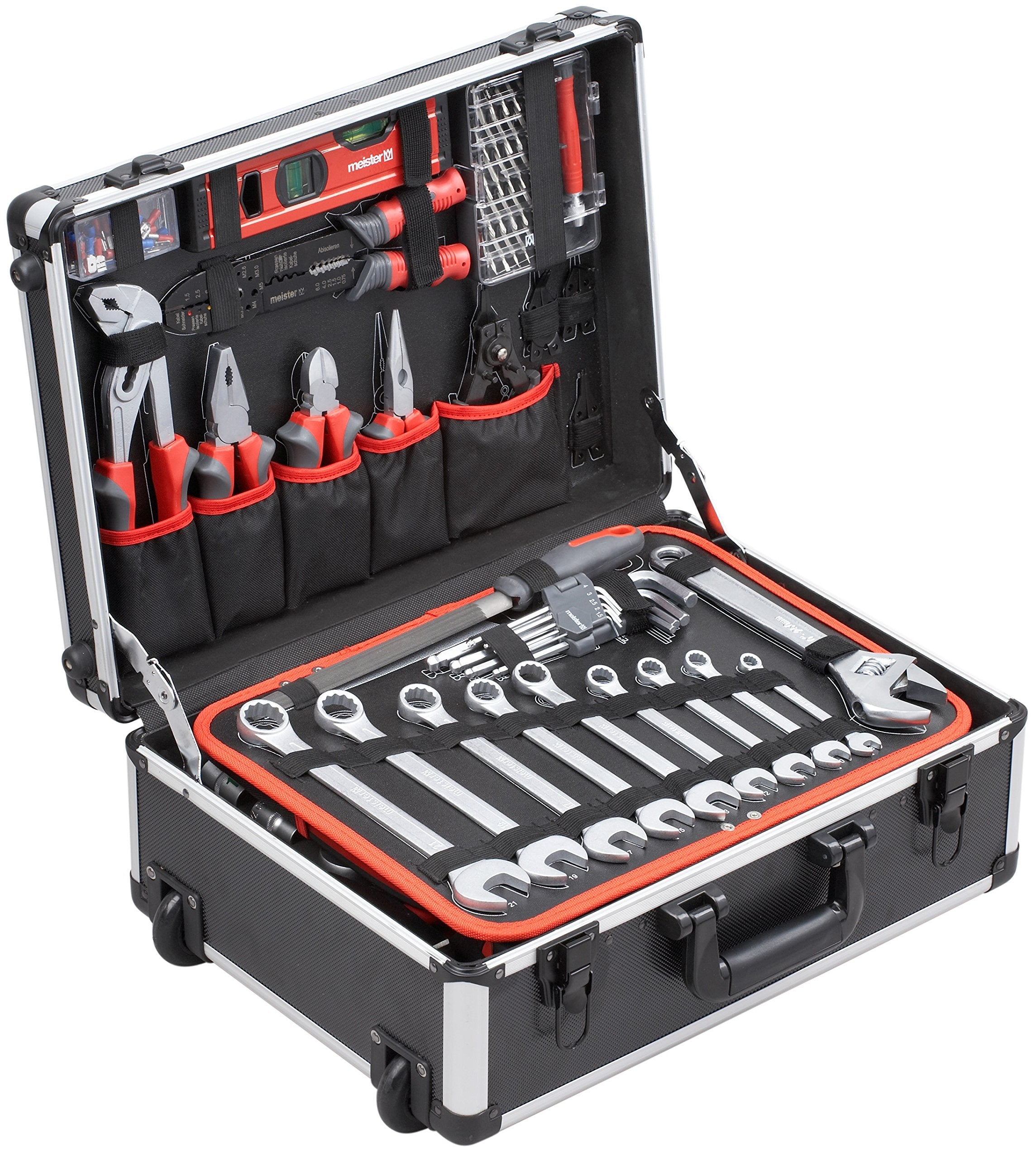Chariot à outils 156 pièces avec roulettes mallette à outils en aluminium poignée télescopique et rangement compartiments